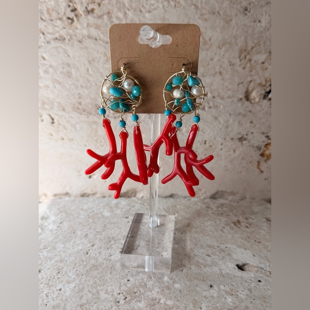 Handmade Red Coral Branch Earrings | Pearl & Turquoise Beaded Statement Earrings